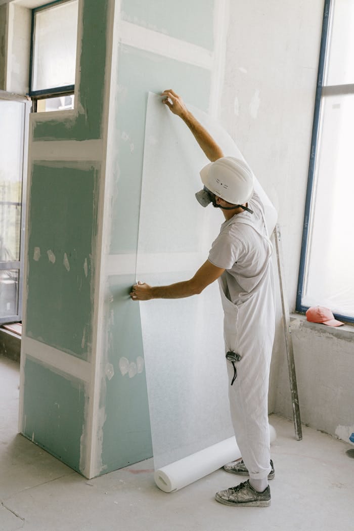 Construction worker in hard hat applying wallpaper inside a building under renovation.