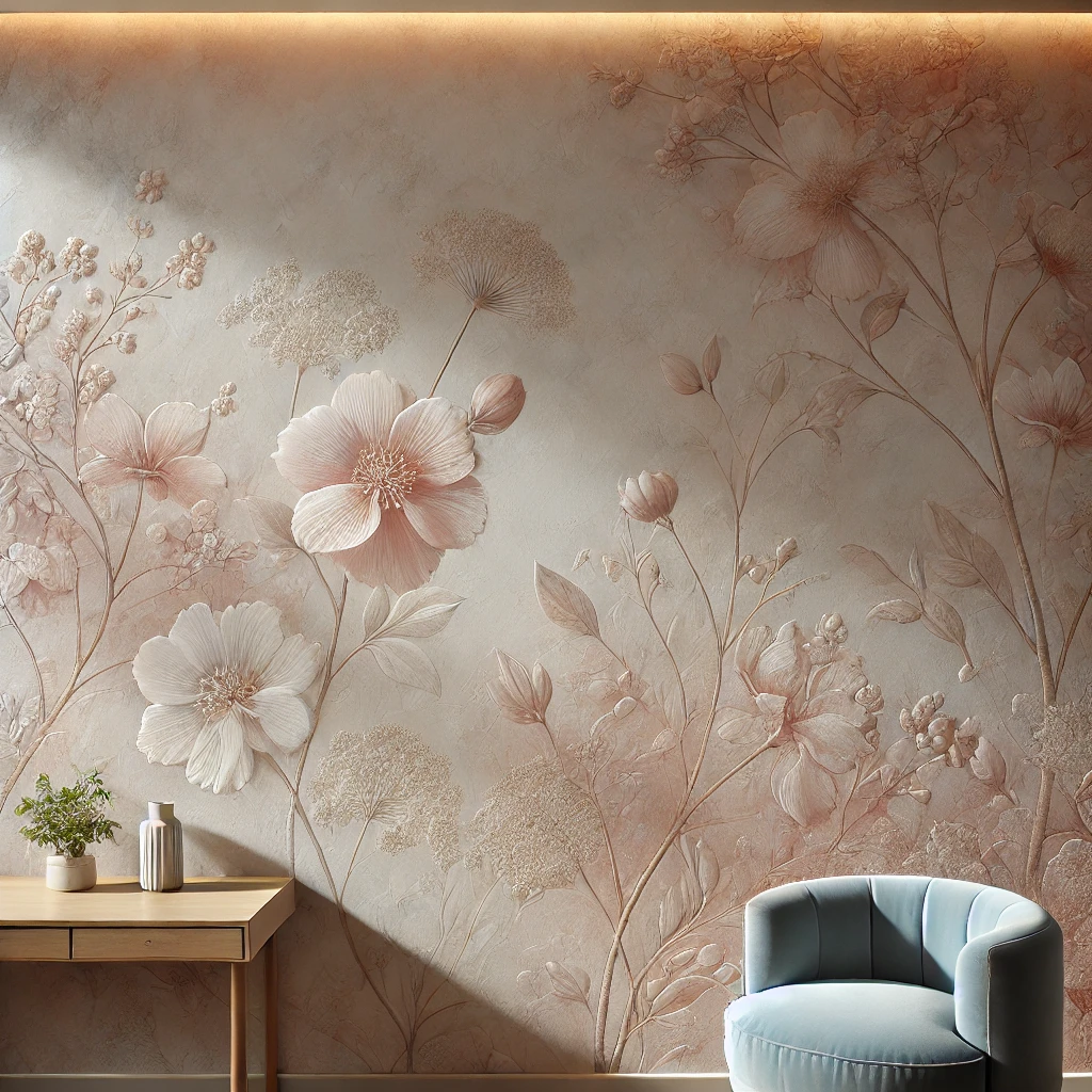 DALL·E 2025-02-03 11.51.07 - A beautiful wall with a 'Bloom' texture design, featuring delicate floral impressions in soft pastel shades. The texture creates a nature-inspired, so