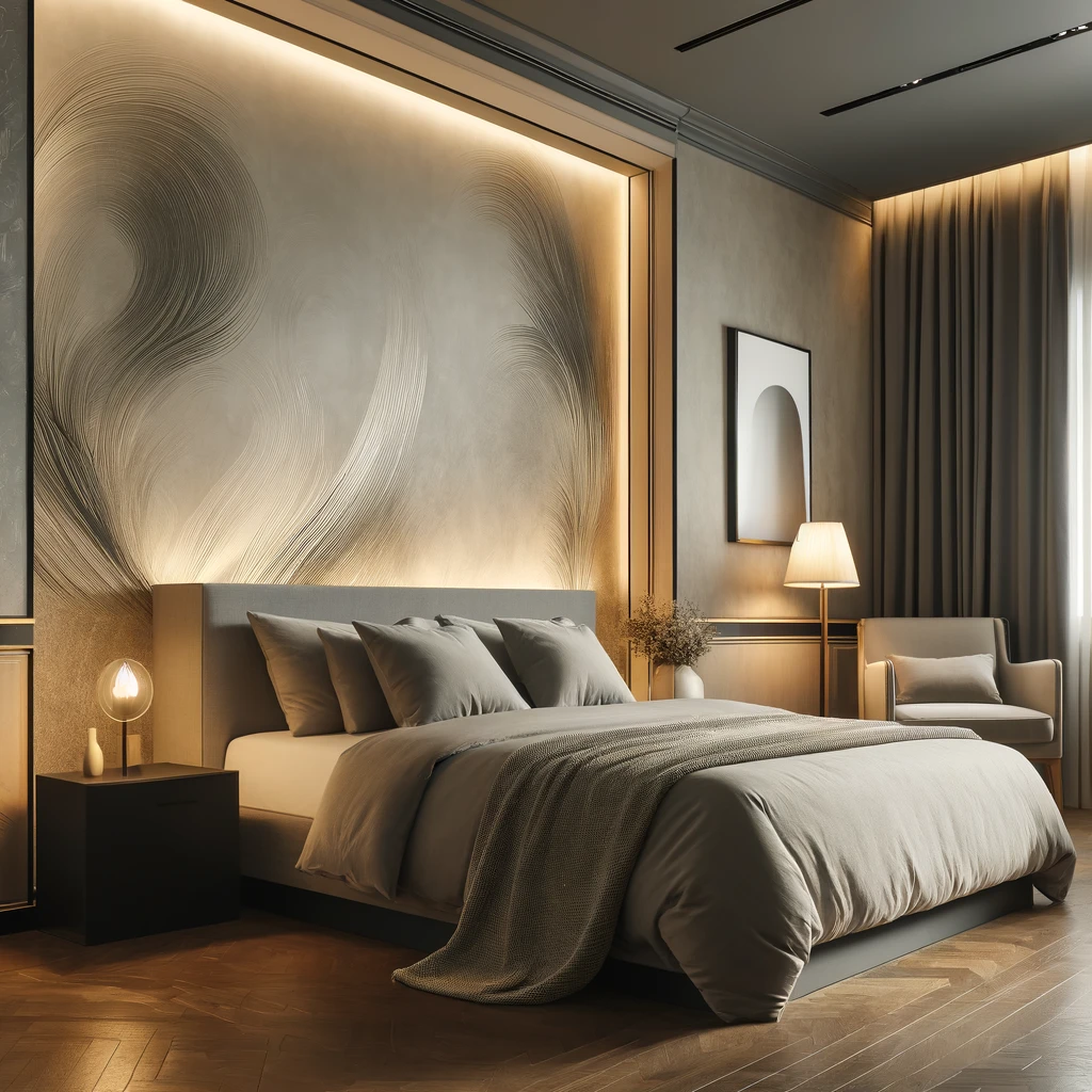 DALL·E 2025-02-03 12.02.26 - A modern bedroom with a 'Brushing' wall texture design, featuring smooth, seamless strokes that enhance the texture of the space. The textured wall is