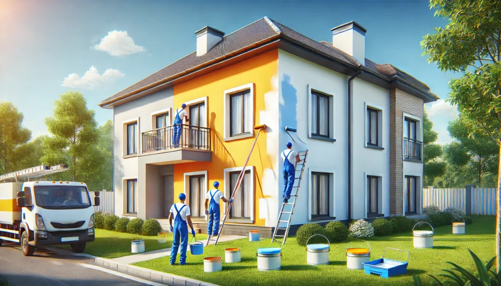 DALL·E 2025-02-04 14.59.24 - A realistic digital illustration of a house being painted on the exterior. The image shows professional painters using rollers and ladders to apply fr
