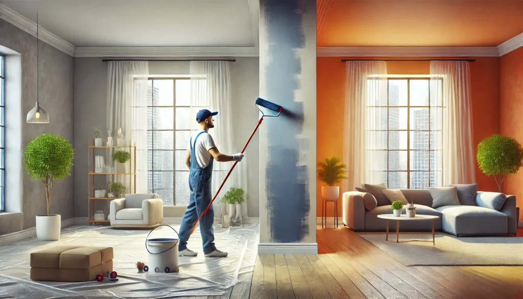 DALL·E 2025-02-04 15.06.30 - A realistic digital illustration of a professional painter working on an interior wall. The painter is using a roller to apply fresh, vibrant paint to