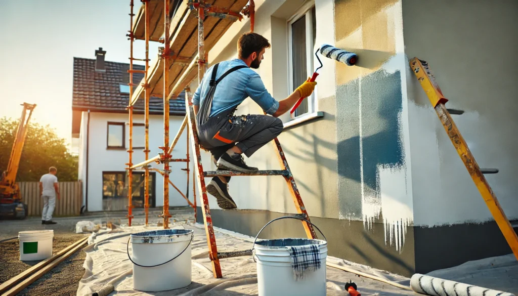 DALL·E 2025-02-11 15.38.12 - A professional painter working on an exterior wall of a house, using a roller brush to apply fresh paint. The scene includes scaffolding, paint bucket