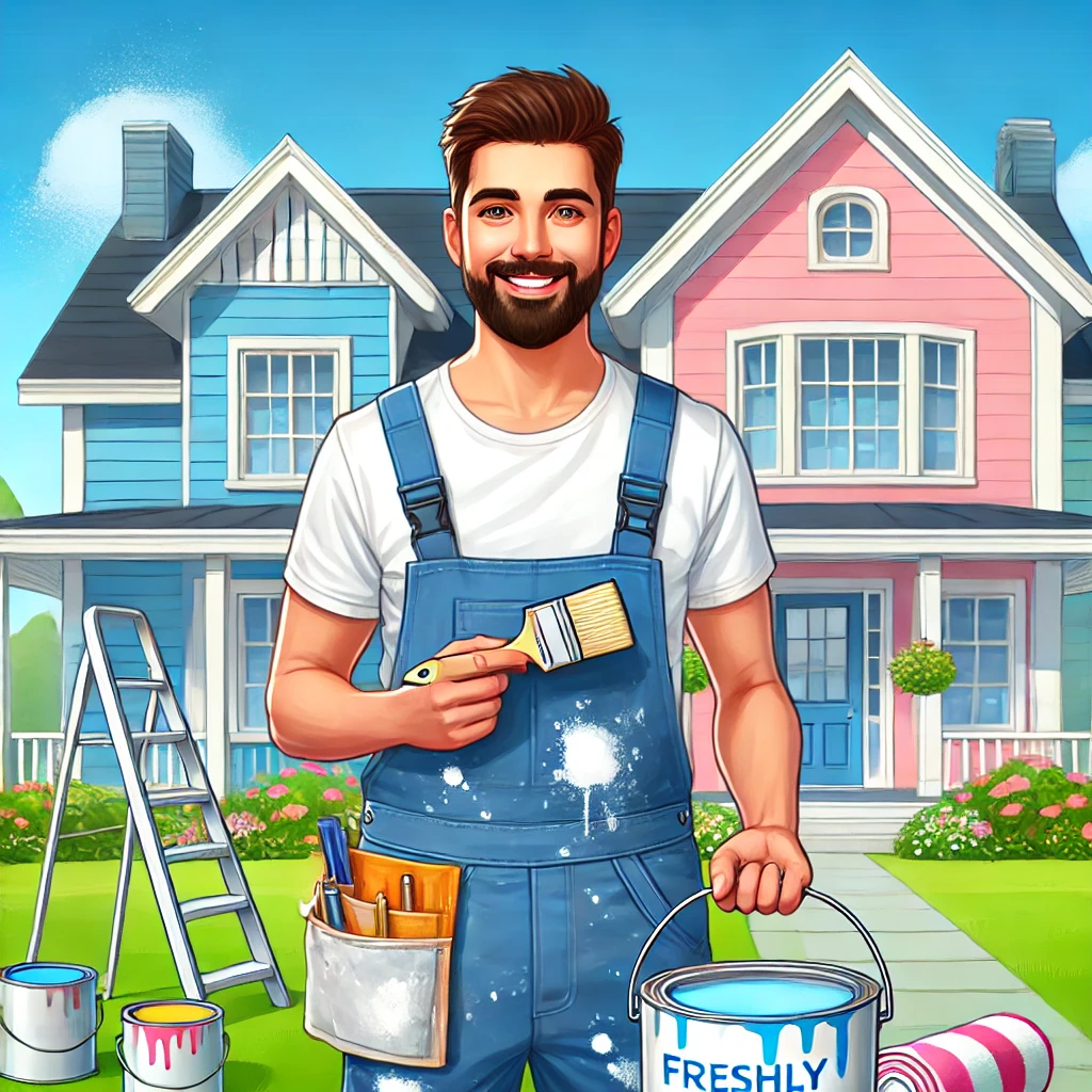 DALL·E 2025-02-11 15.58.41 - A painter standing in front of a freshly painted house, holding a paintbrush and a bucket. The house has a vibrant new color with clean edges. The pai